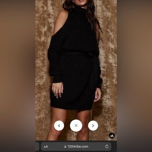 12th Tribe NWT black sweater dress with tie belt & cut out shoulders.